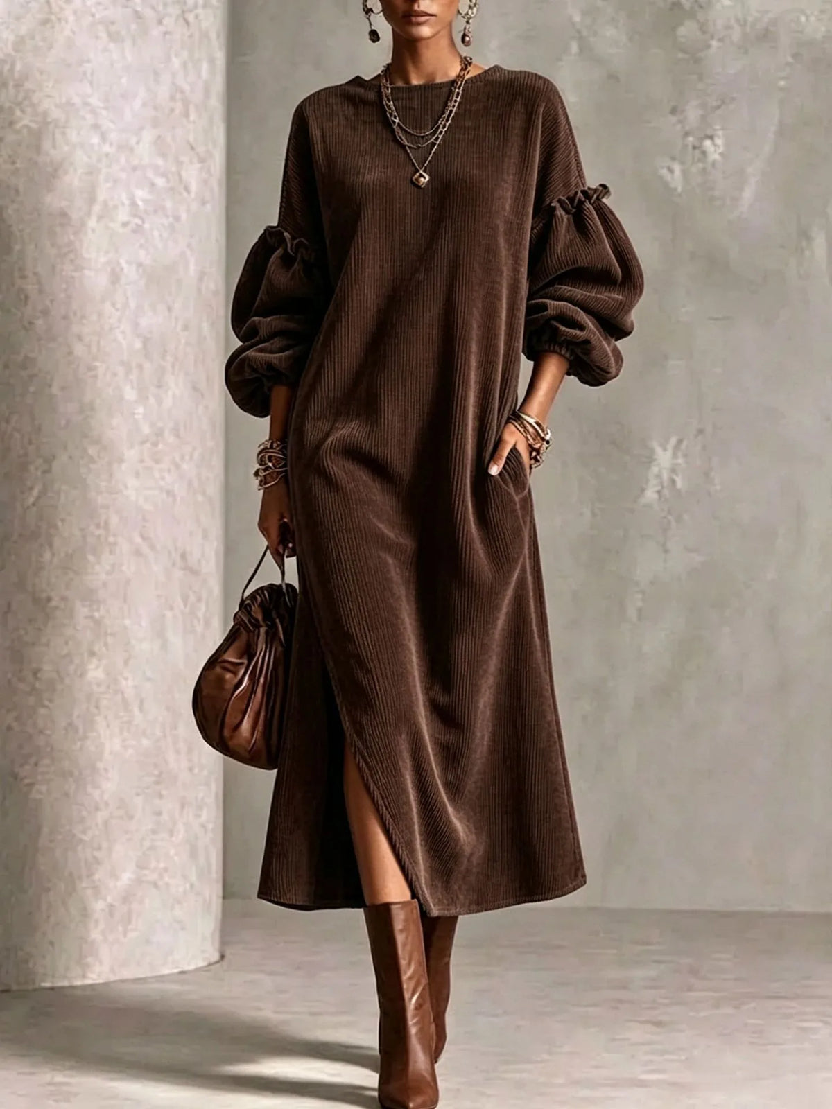 Marigold | Women's Puff-Sleeve Maxi Dress - Brown