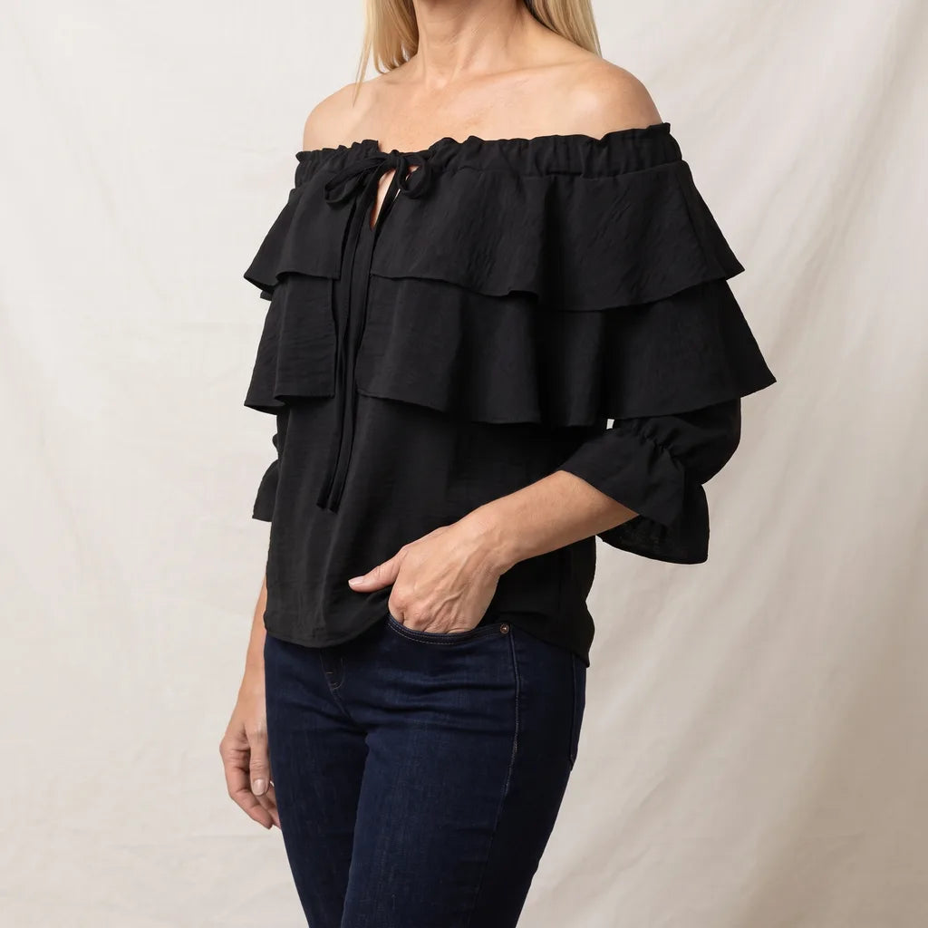 Women's Black Conway Tie Ruffle Blouse