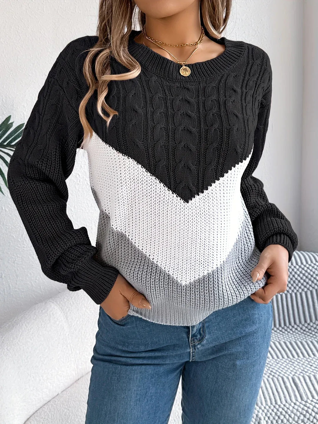 Women's Color-Block Round Neck Sweater black3.webp