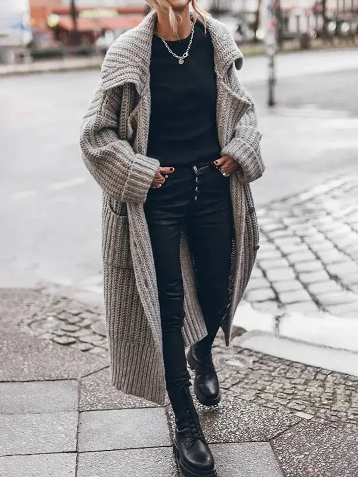 Women's Oversized Chunky Knit Lapel Longline Cardigan Gray1.webp