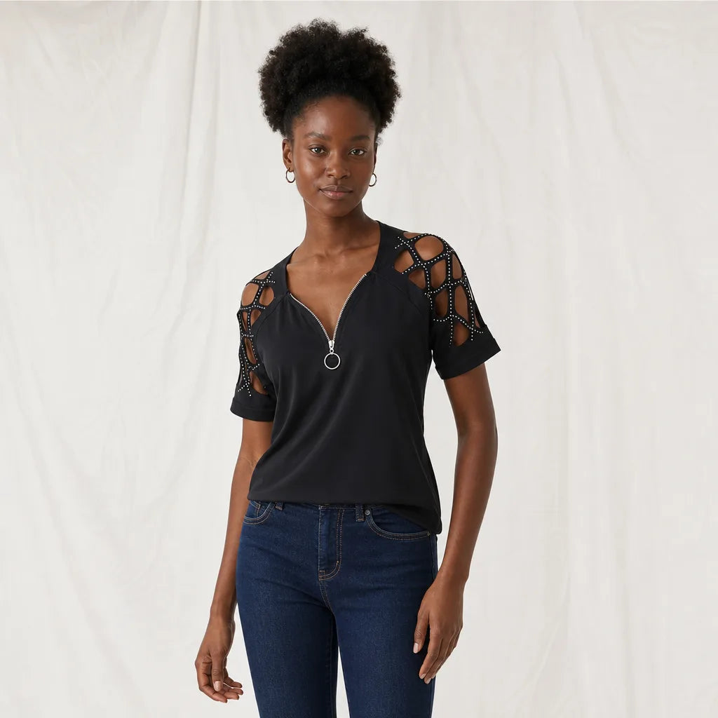 Black Carmichael Rhinestone Cut-Out T-Shirt 1