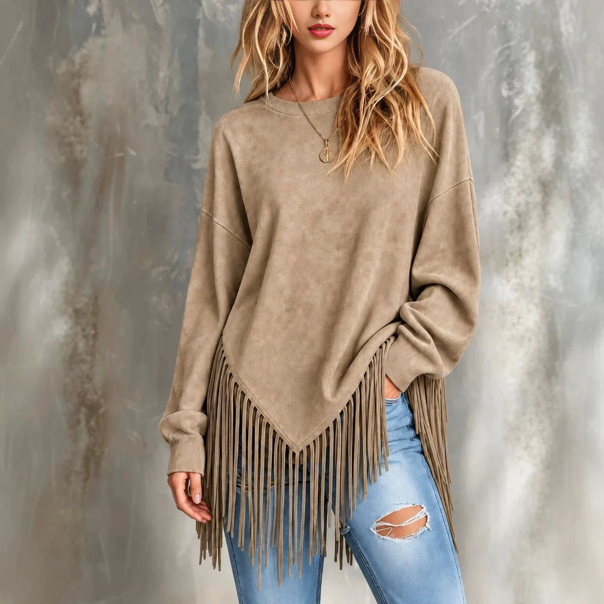Naomi | Women's Suede-Look Tassel-Hem Jumper - Color:Khaki;Size:XS