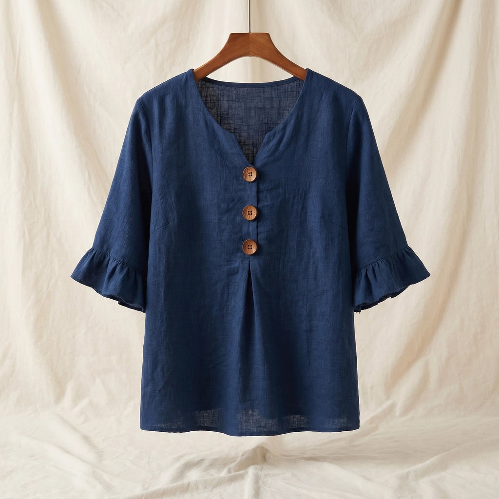 Jannet Cotton Linen V-Neck Top - Color:Navy Blue;Size:XS