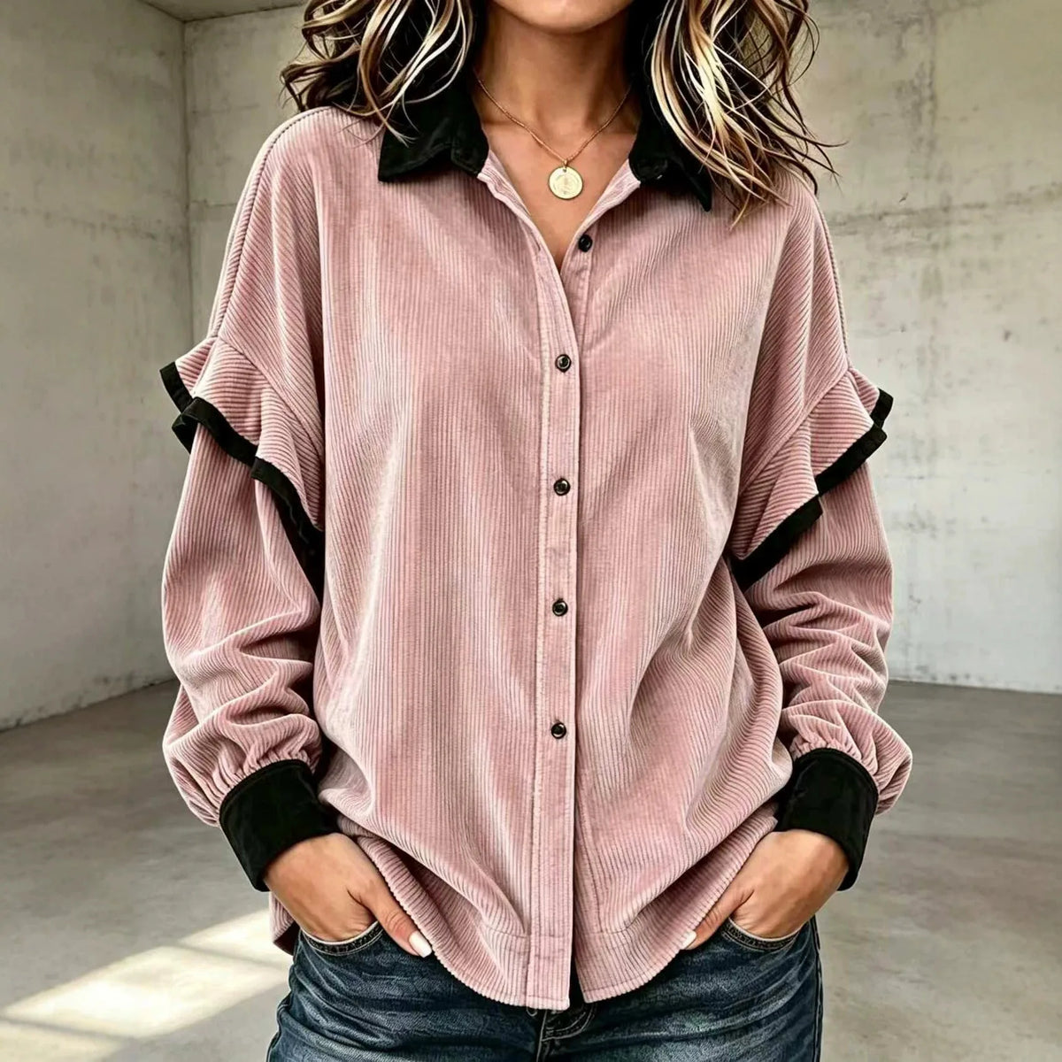 Nia | Women's Corduroy Long Sleeve Blouse - Color:Pink;Size:XS