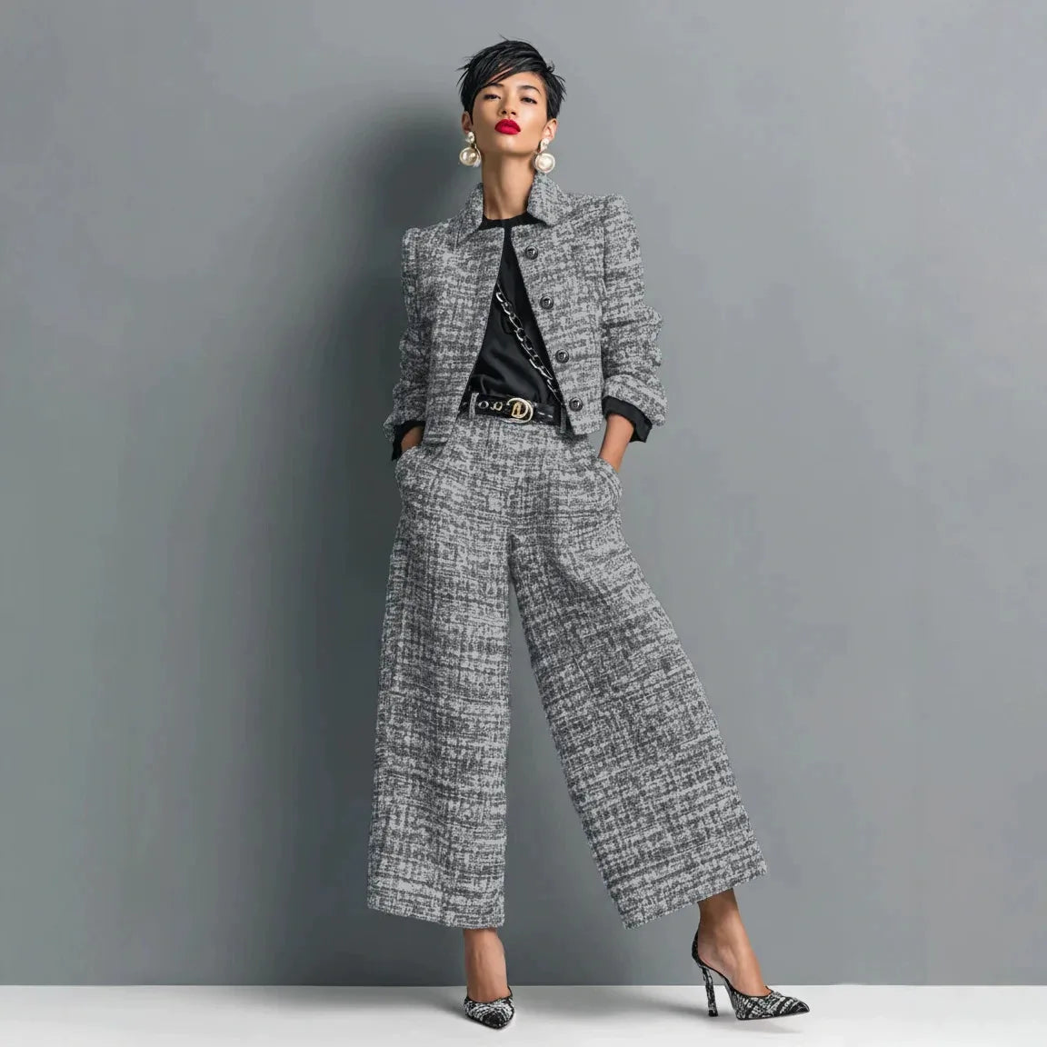 Nicole | Women's Tweed Jacket & Wide-Leg Pants Set - Color:Gray;Size:XXS