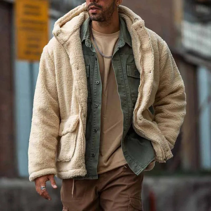 Noelle | Men's Fleece Teddy Hooded Jacket - Color:Beige;Size:XS