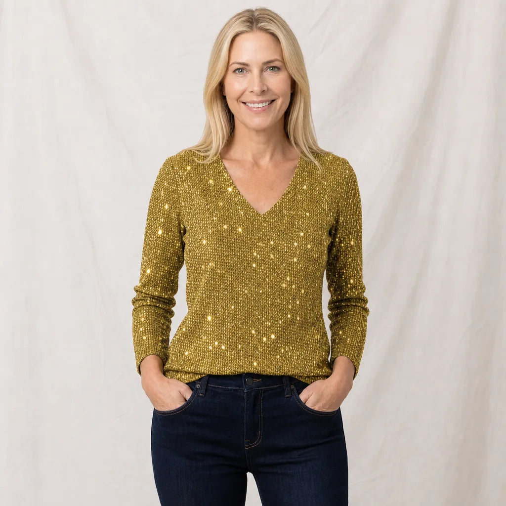 Women's Yellow Margaux Sequin V Neck Top