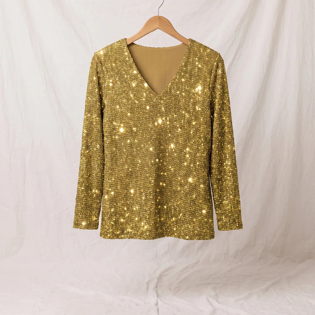 Women's Yellow Margaux Sequin V Neck Top