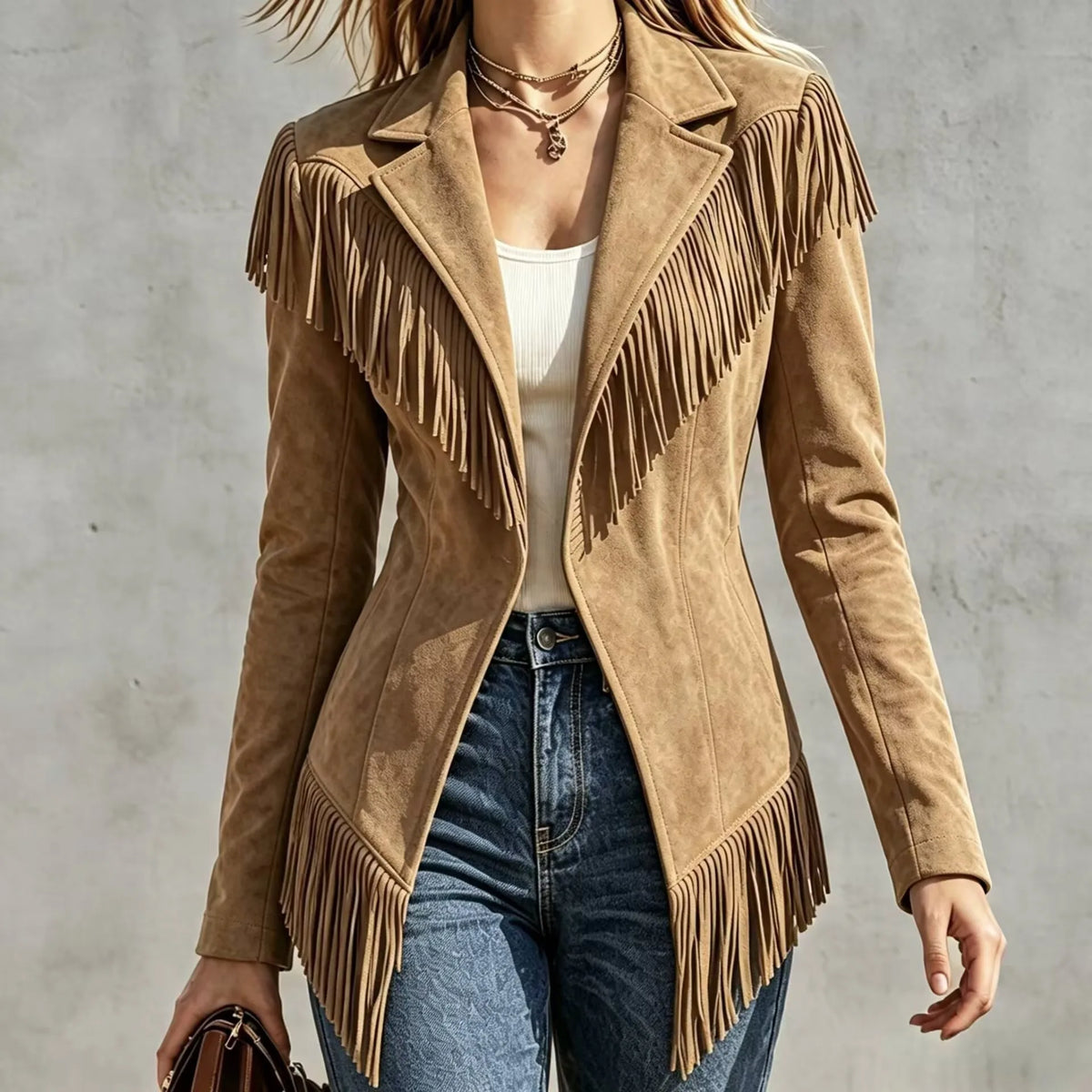 Paige | Women's Fringed Suede Jacket - Color:Khaki;Size:XS