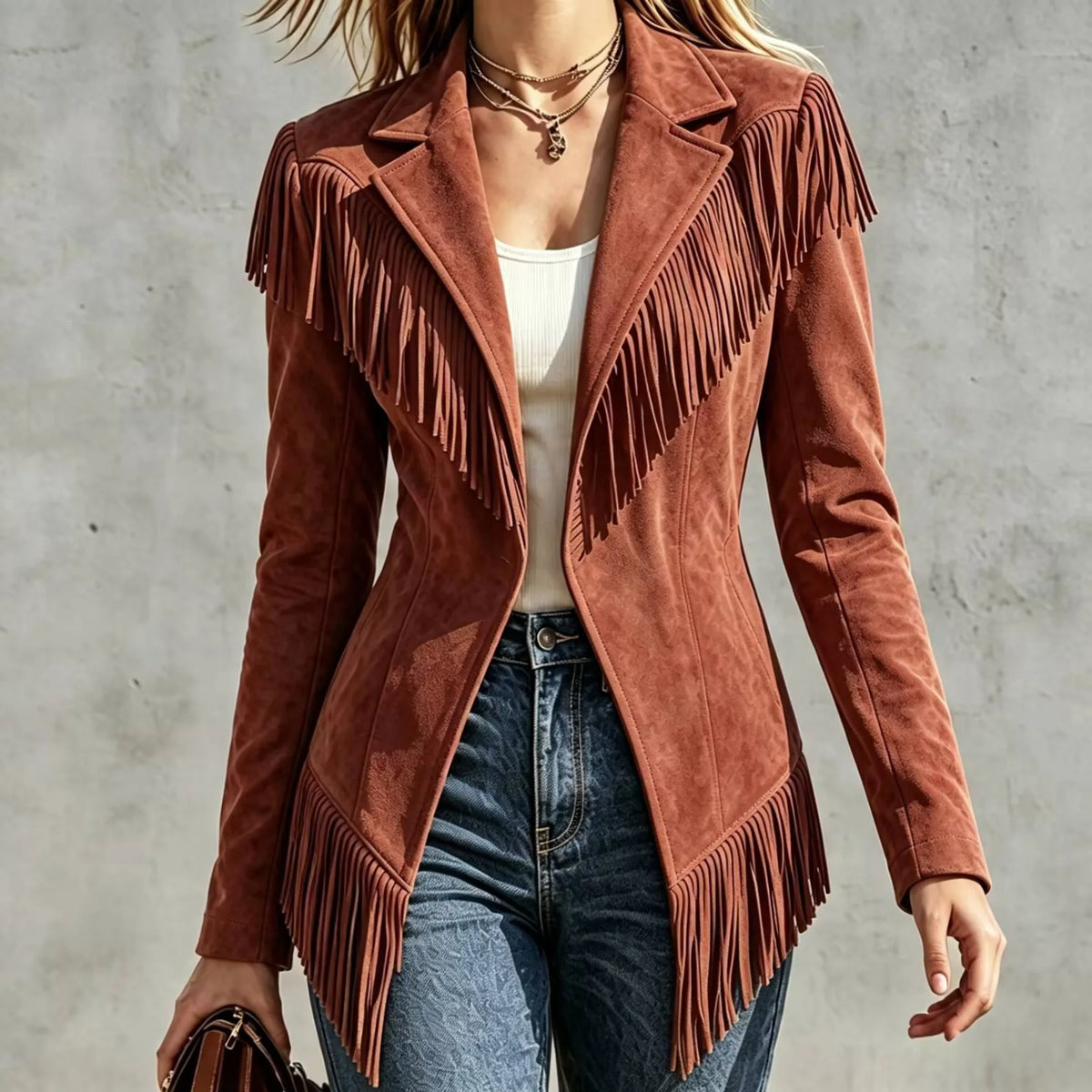 Paige | Women's Fringed Suede Jacket - Color:Orange Red;Size:XS