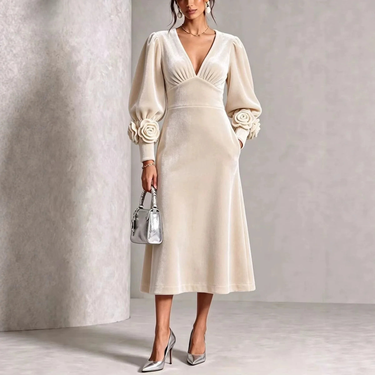 Patricia | Women's Elegant Christmas Dress - Color:White;Size:S