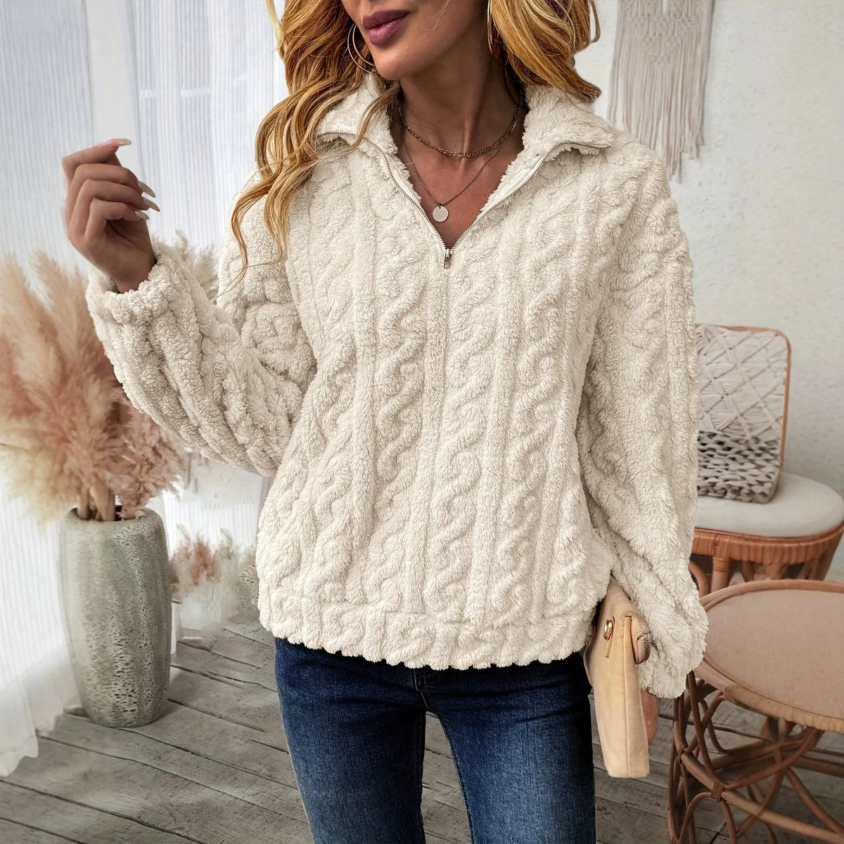 Pearl | Women's Teddy Quarter-Zip Pullover - Color:Cream White;Size:XS
