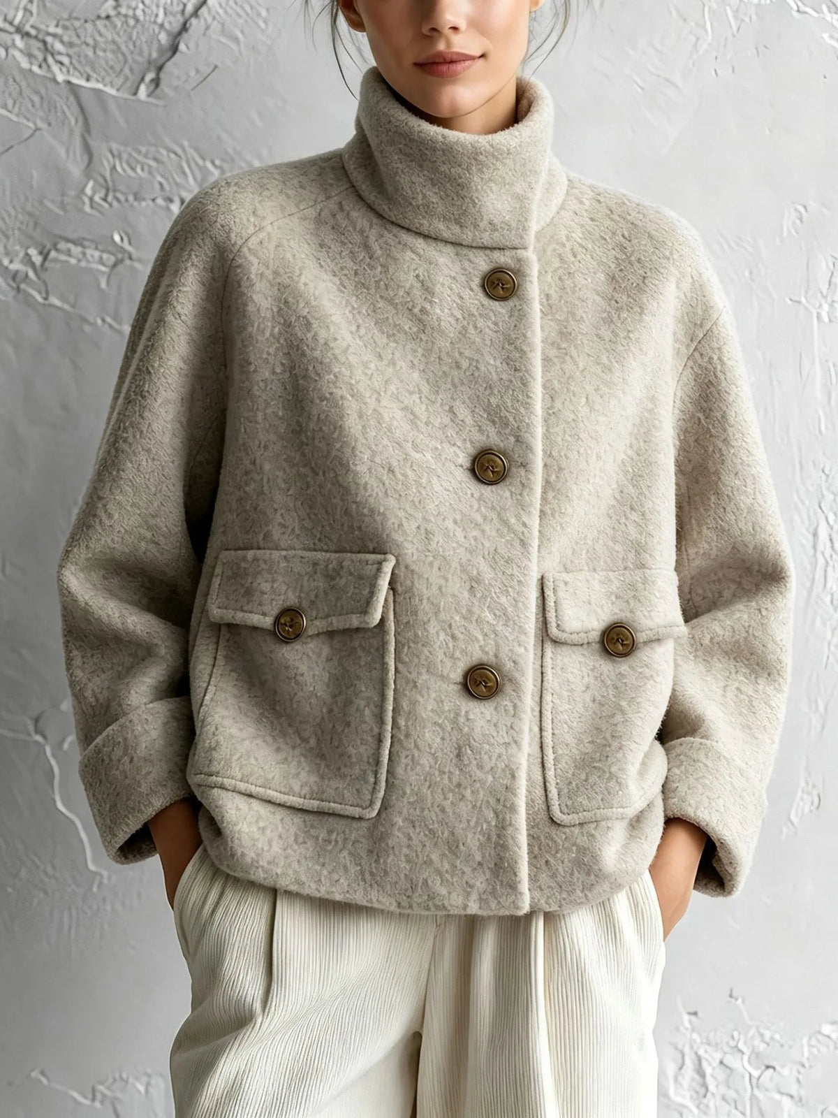 Peggy | Women's High-Neck Plush Pocket Coat - Color:Apricot;Size:XS