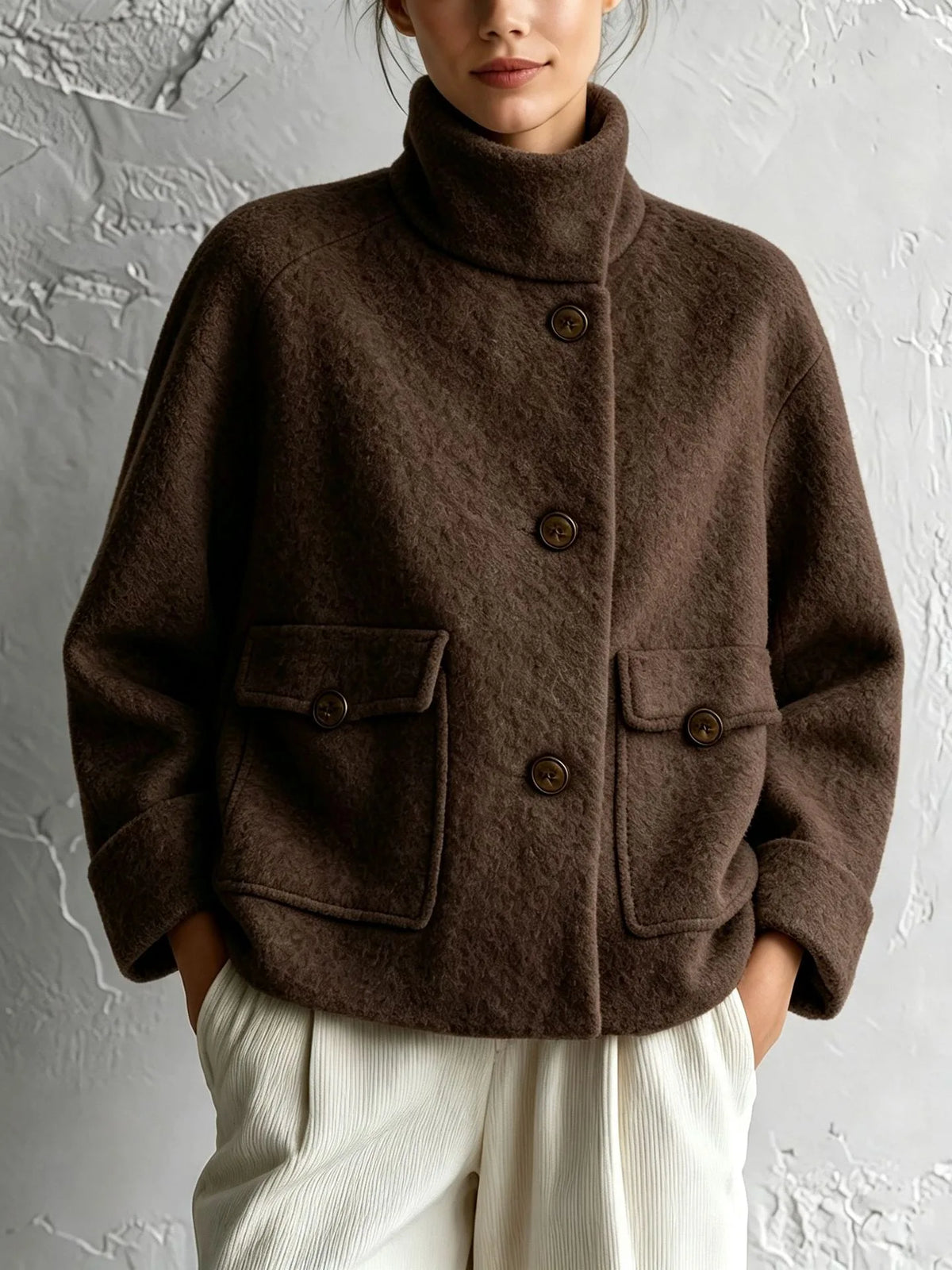 Peggy | Women's High-Neck Plush Pocket Coat - Color:Dark Brown;Size:XS