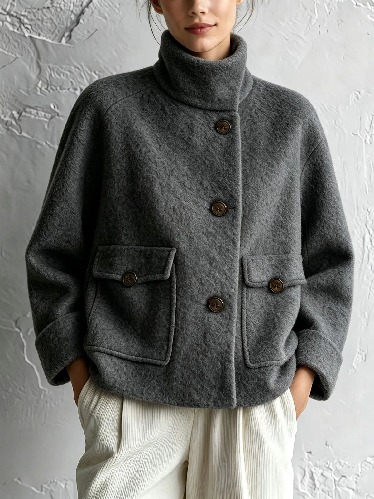 Peggy | Women's High-Neck Plush Pocket Coat - Color:Dark Gray;Size:XS