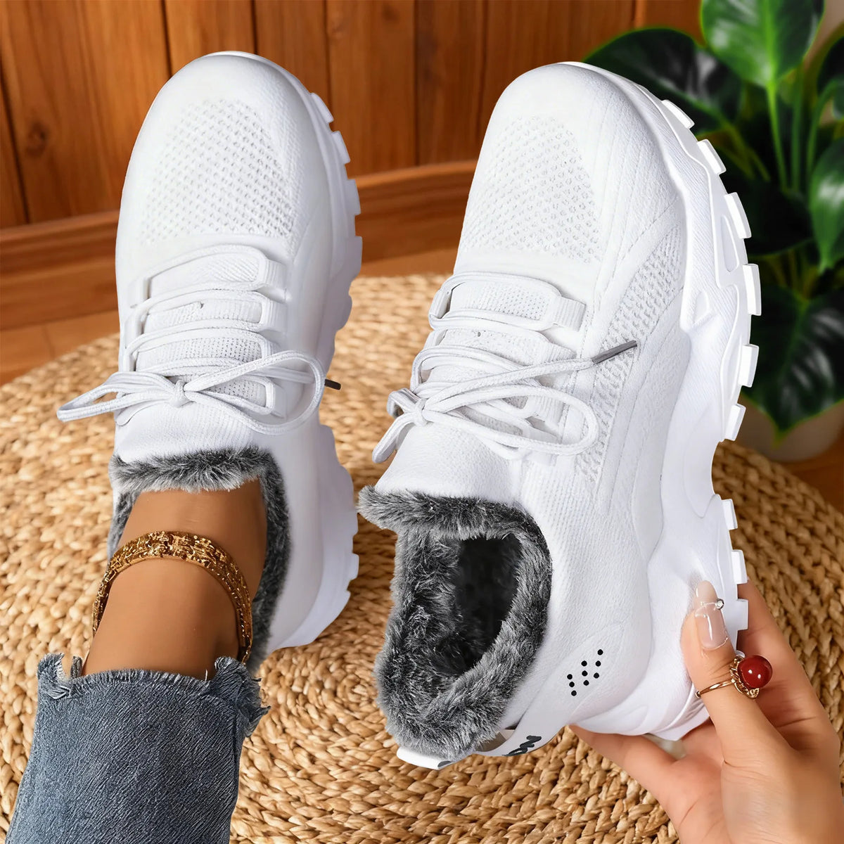 Poppie | Women's Fleece Lined Winter Trainers - Color:White;Size:36