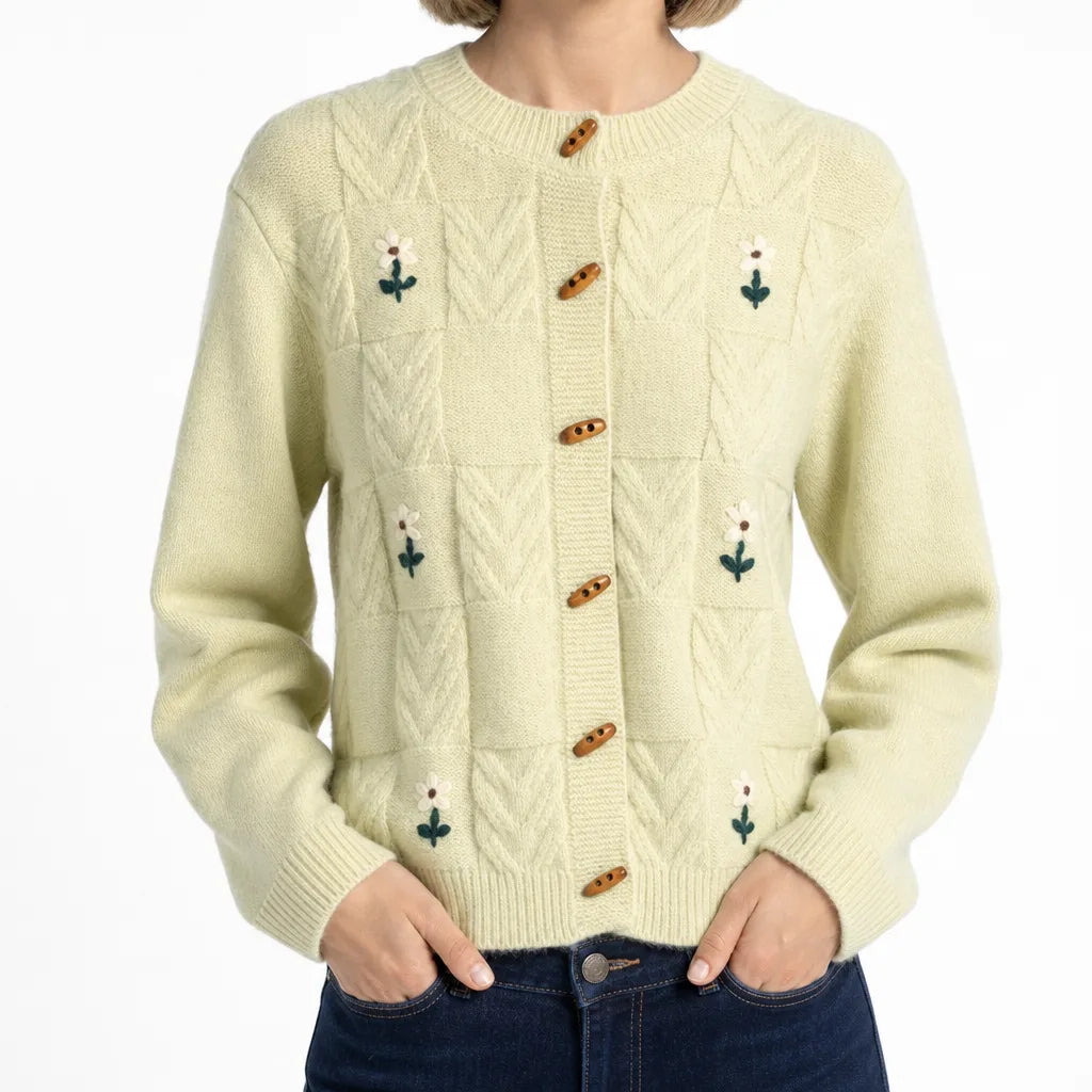 Renee | Women's Floral-Embroidered Buttoned Knitted Cardigan - Color:Light Green;Size:One size