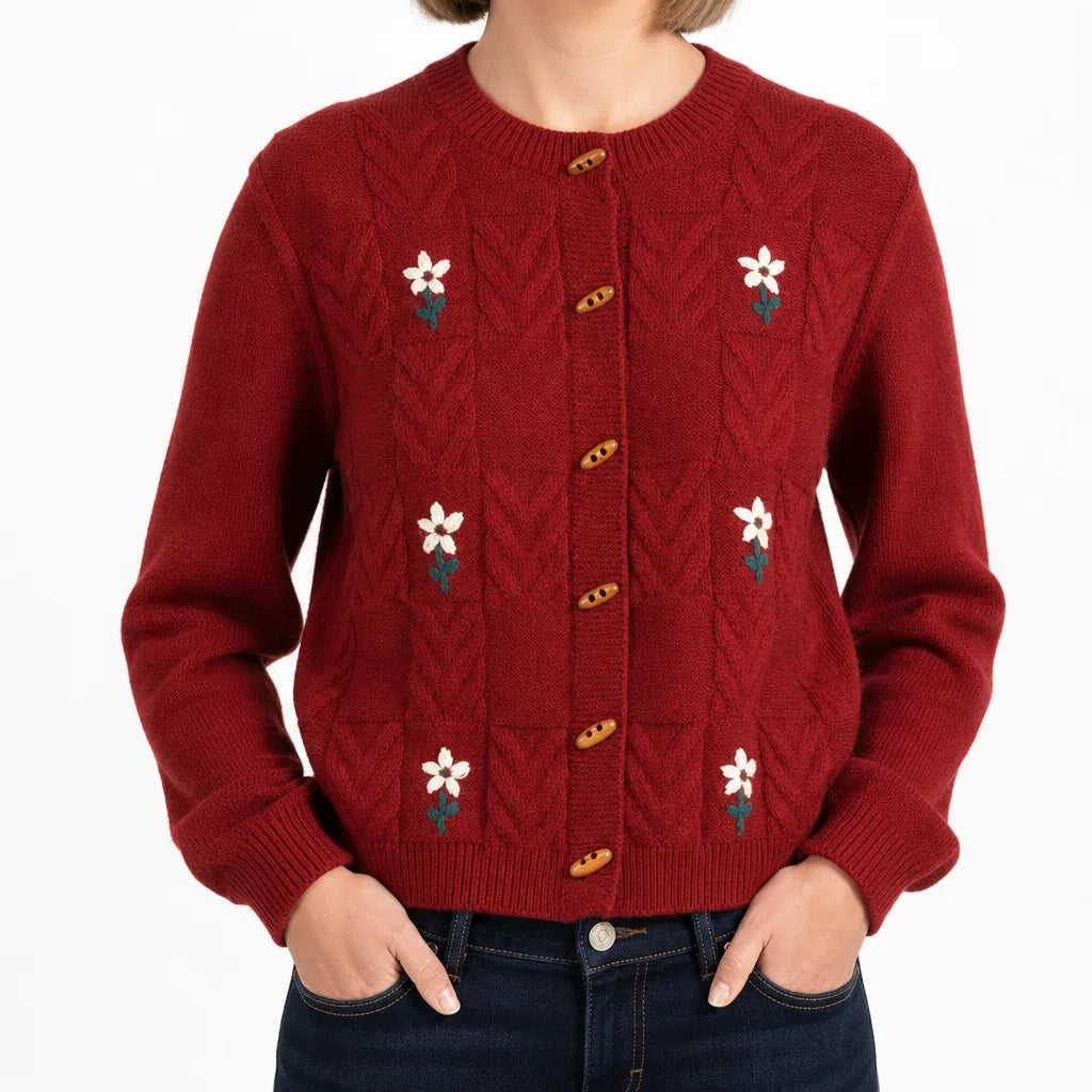 Renee | Women's Floral-Embroidered Buttoned Knitted Cardigan - Color:Red;Size:One size