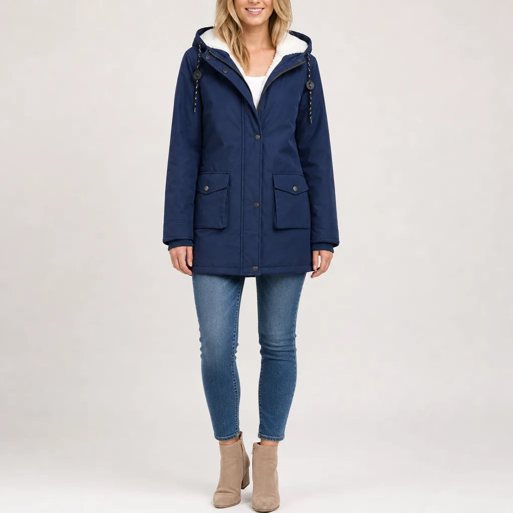 Rhea | Women's Hooded Fleece Lined Jacket - Color:Navy Blue;Size:XS