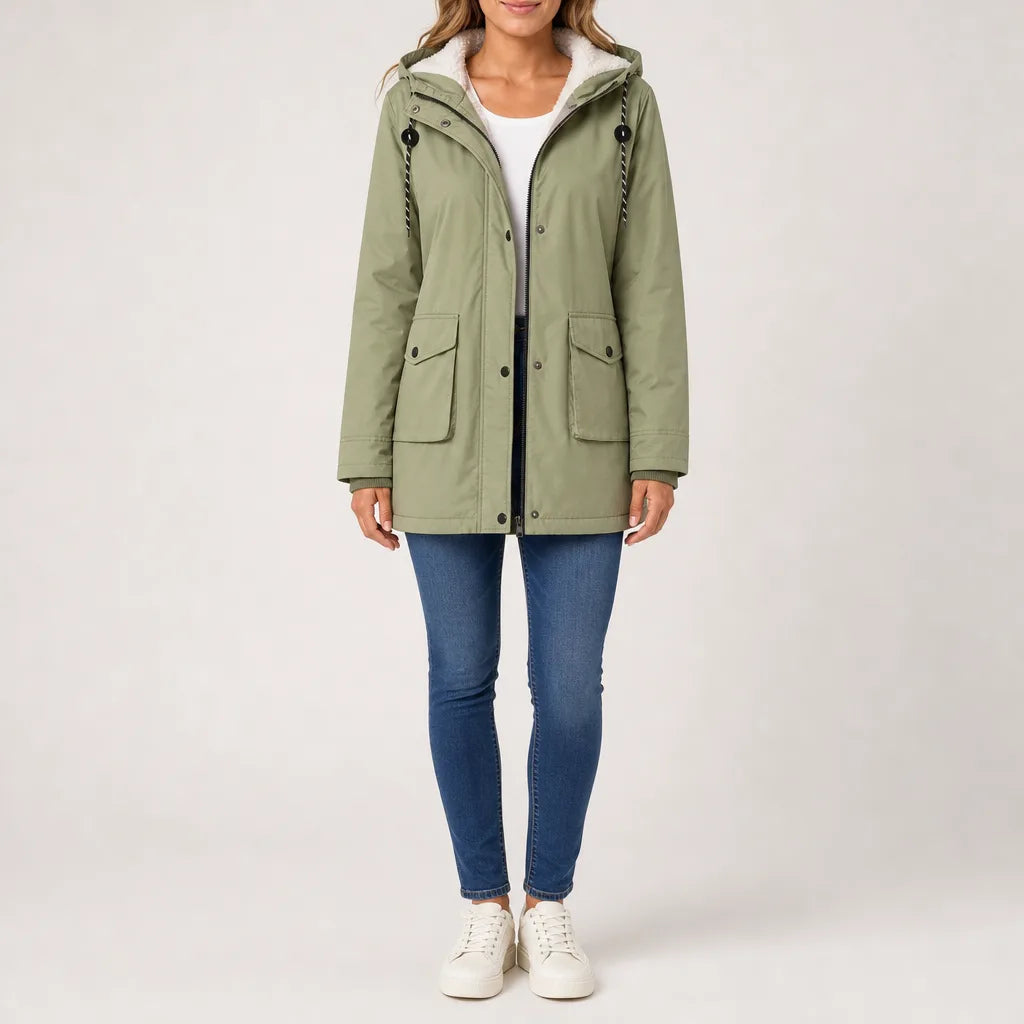 Rhea | Women's Hooded Fleece Lined Jacket - Color:Olive;Size:XS
