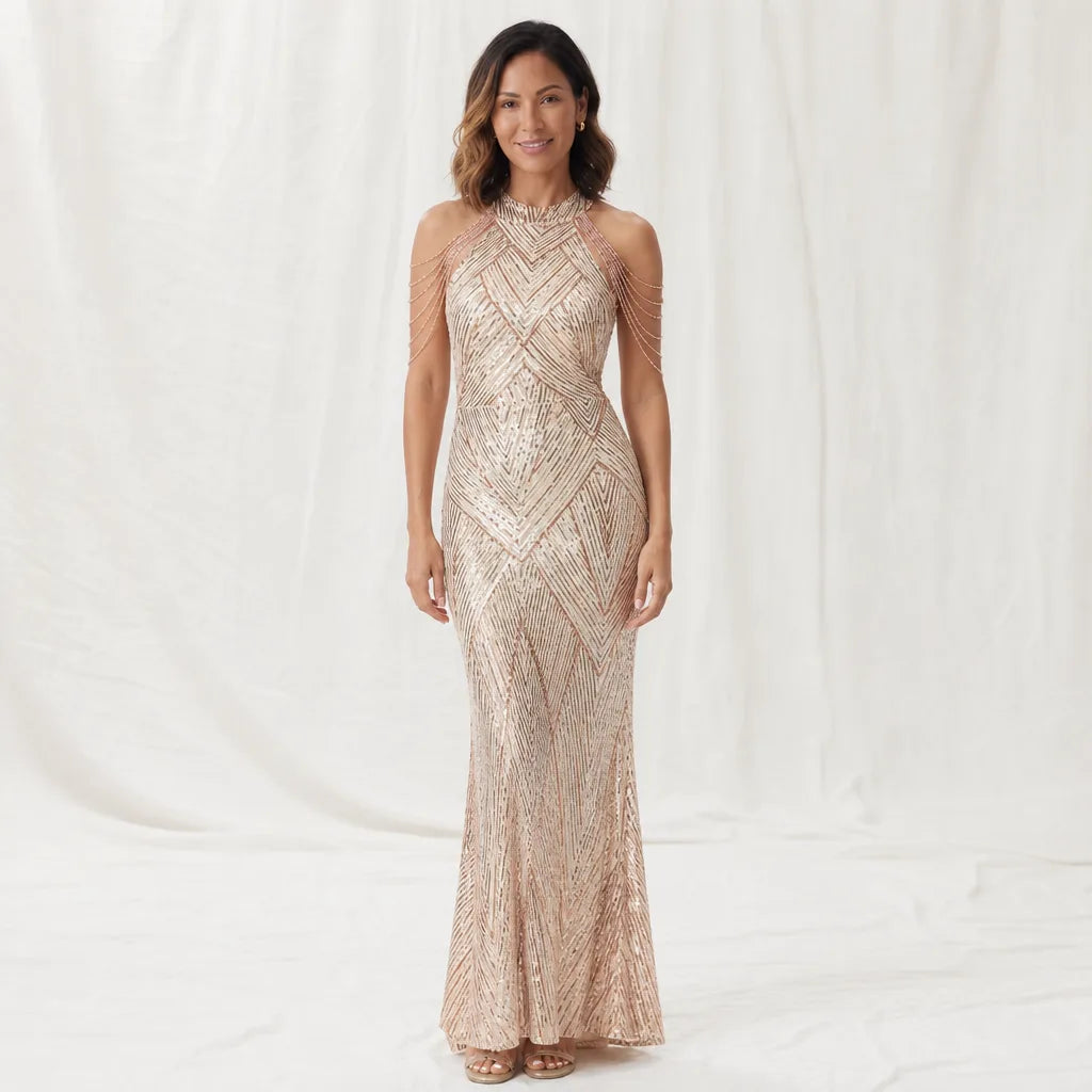 Rhian | Women's Sequin Dress - Color:Apricot Gold;Size:XS