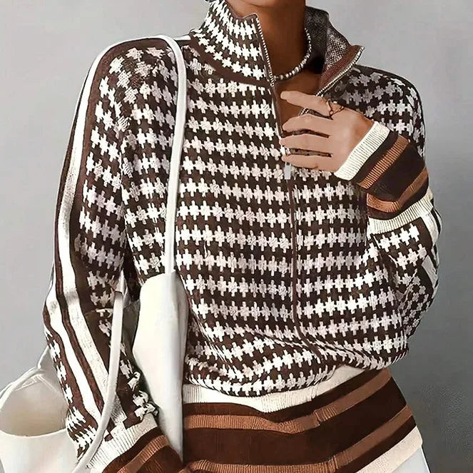 Riya | Women's Patterned Zip-Front Cardigan - Color:Brown & White;Size:XS
