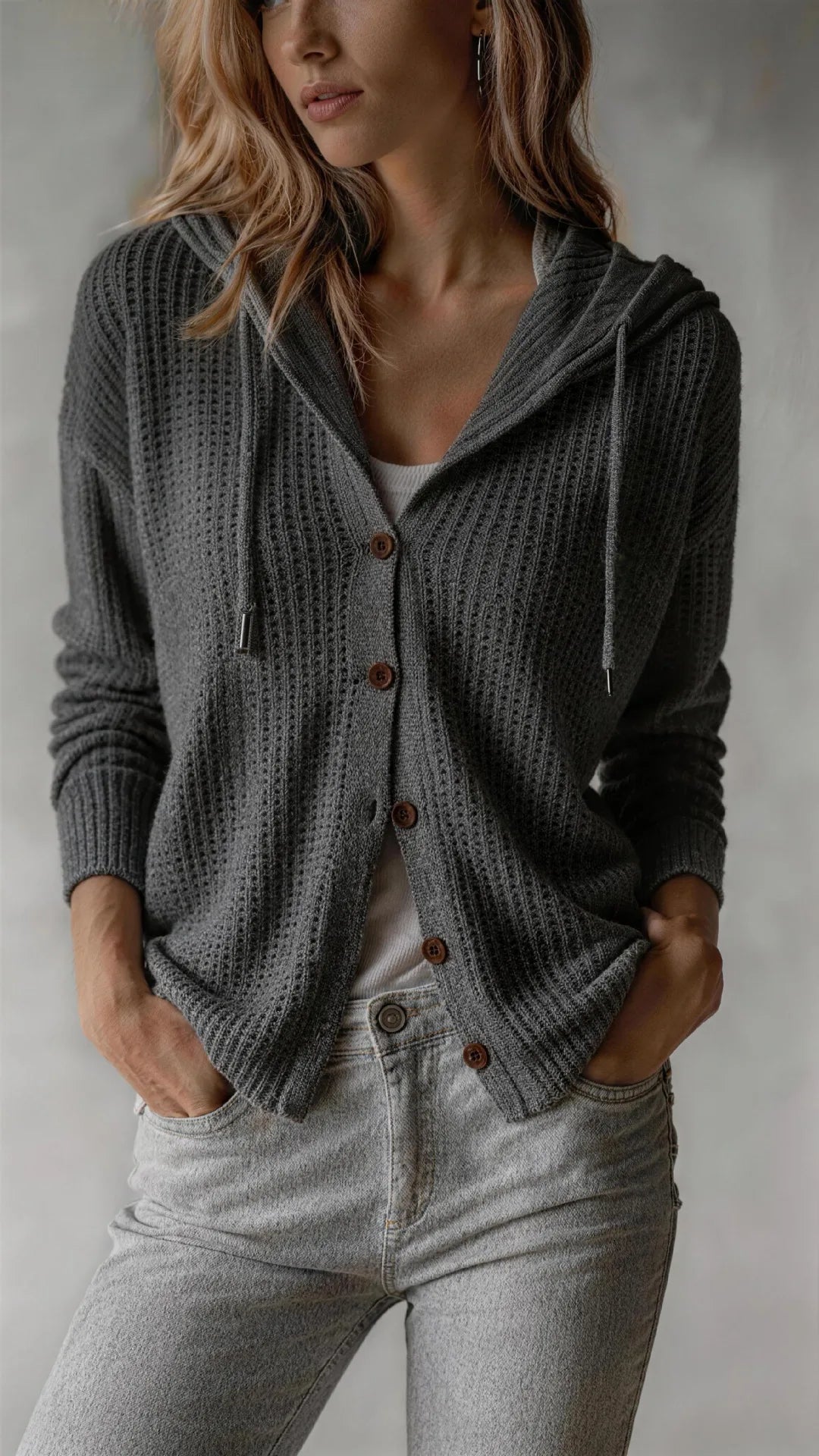 Rosalie | Women Hooded Waffle Knit Cardigan - Size:XS;Color:Grey