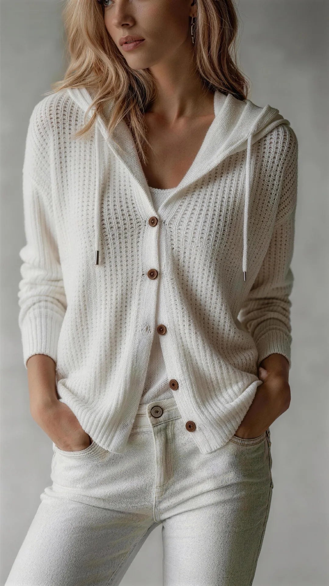 Rosalie | Women Hooded Waffle Knit Cardigan - Size:XS;Color:White