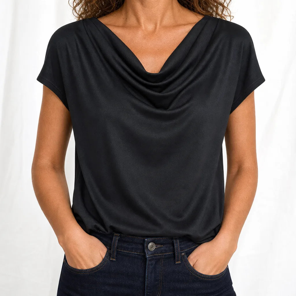 Rosalind | Womens Cowl Neck Draped Shirt - Color:Black;Size:XS