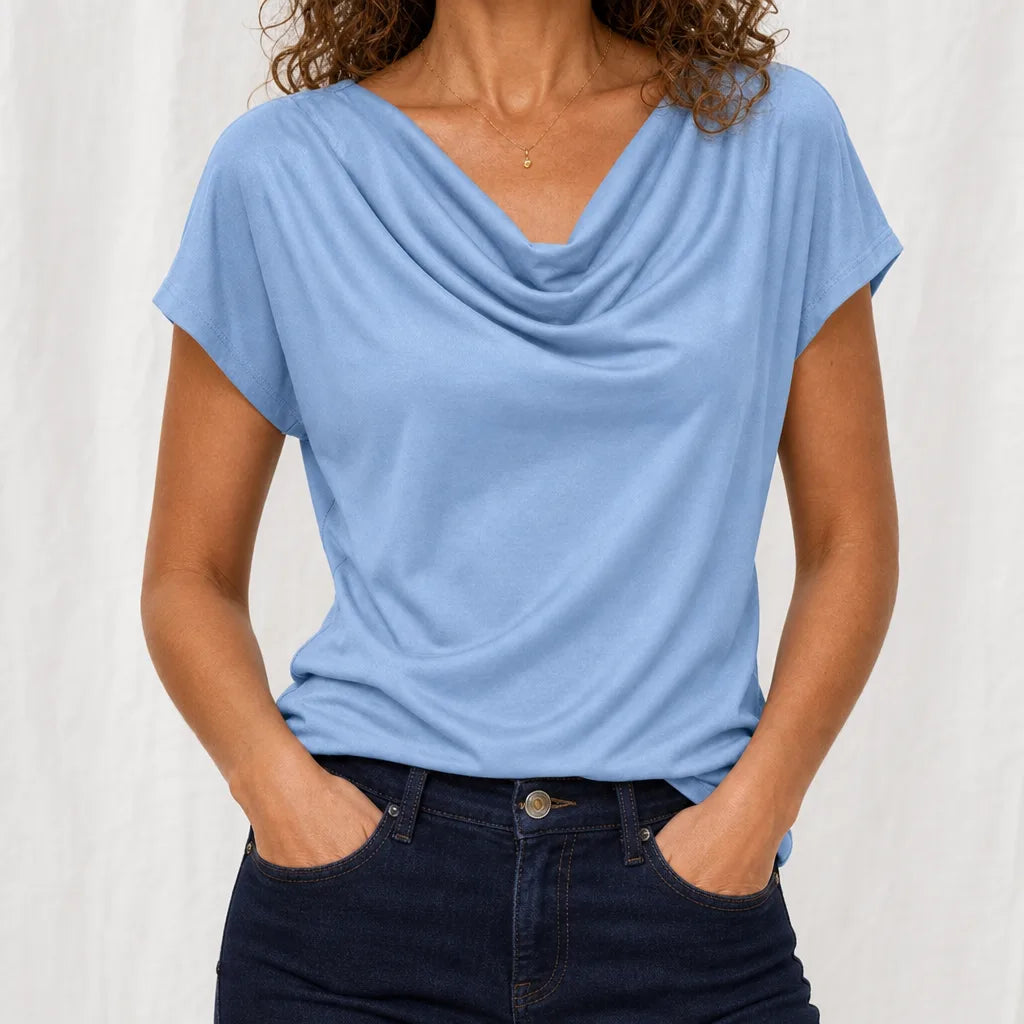 Rosalind | Womens Cowl Neck Draped Shirt - Color:Blue;Size:XS