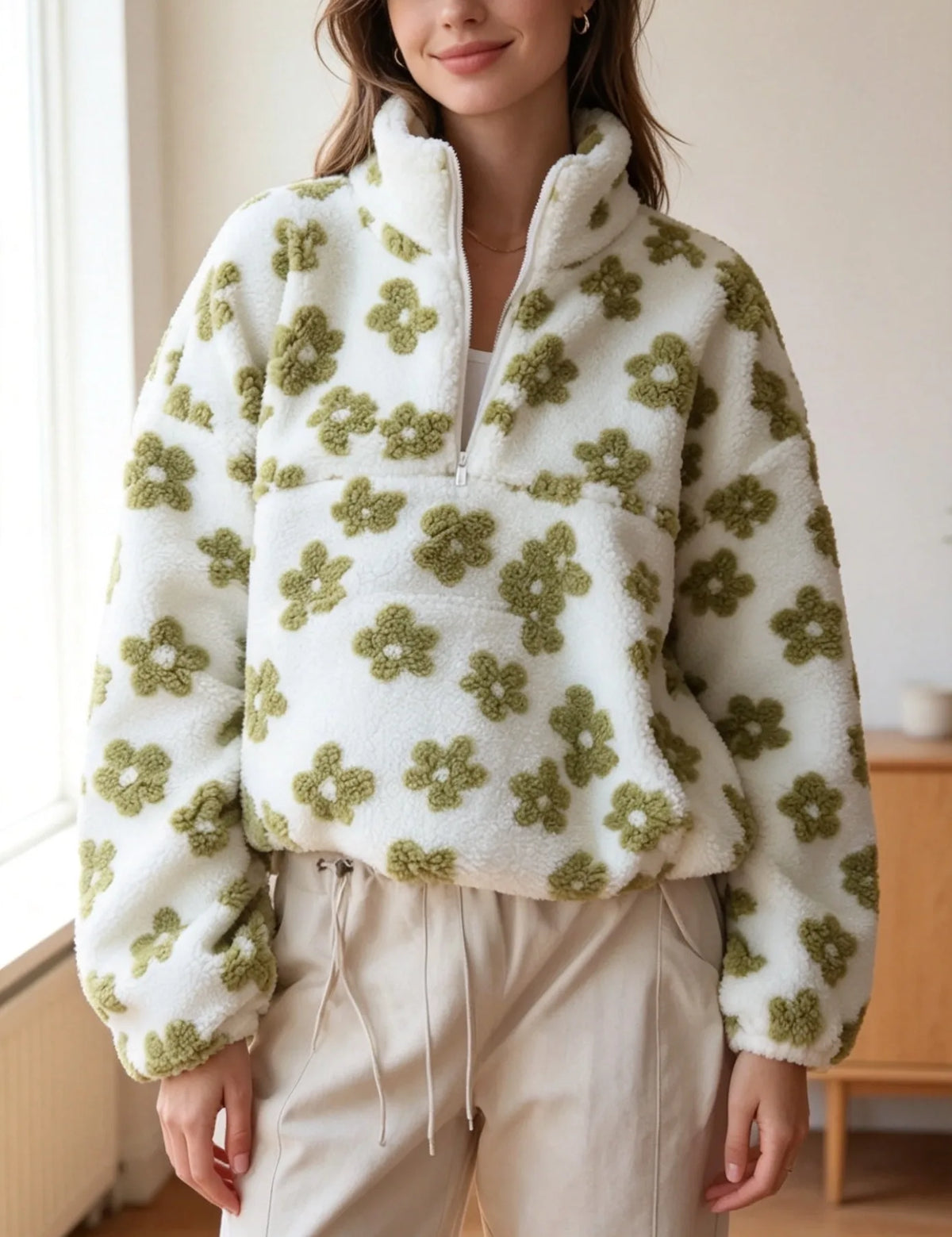 Ruby | Women's Quarter Zip Jumper - Color:Green White;Size:XS