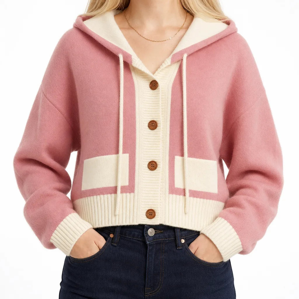 Shannon | Women's Hooded Knitted Cardigan - Color:Pink;Size:One Size (recommended 94-143 lb)
