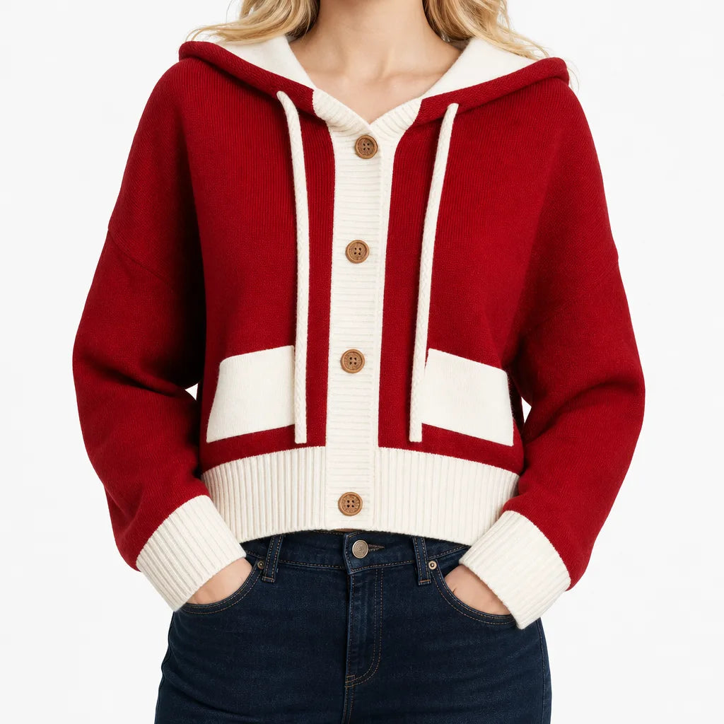 Shannon | Women's Hooded Knitted Cardigan - Color:Red and White;Size:One Size (recommended 94-143 lb)