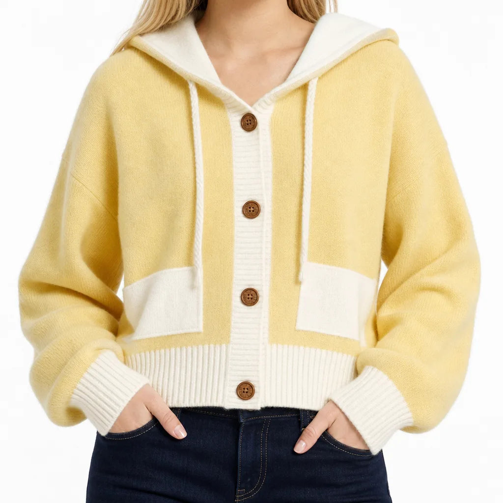 Shannon | Women's Hooded Knitted Cardigan - Color:Yellow;Size:One Size (recommended 94-143 lb)