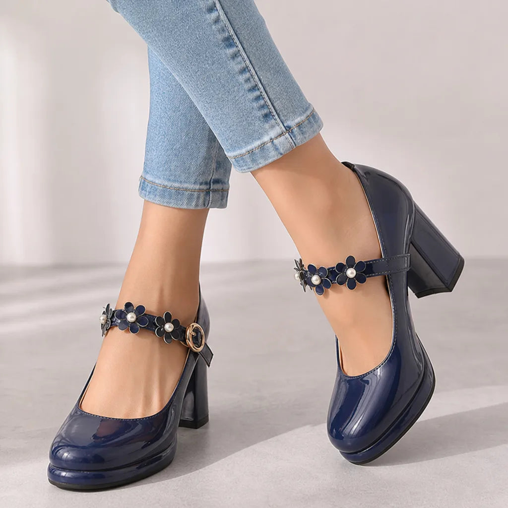 Shelby | Women's Orthopedic Floral Mary Jane Heels - Color:Blue;Size:35