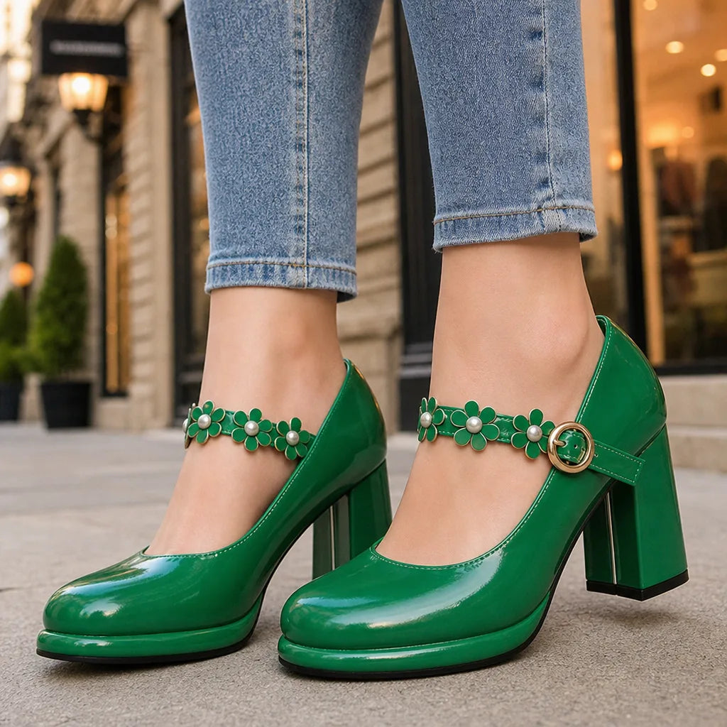 Women's Green Claudia | Women's Orthopedic Floral Mary Jane Heels