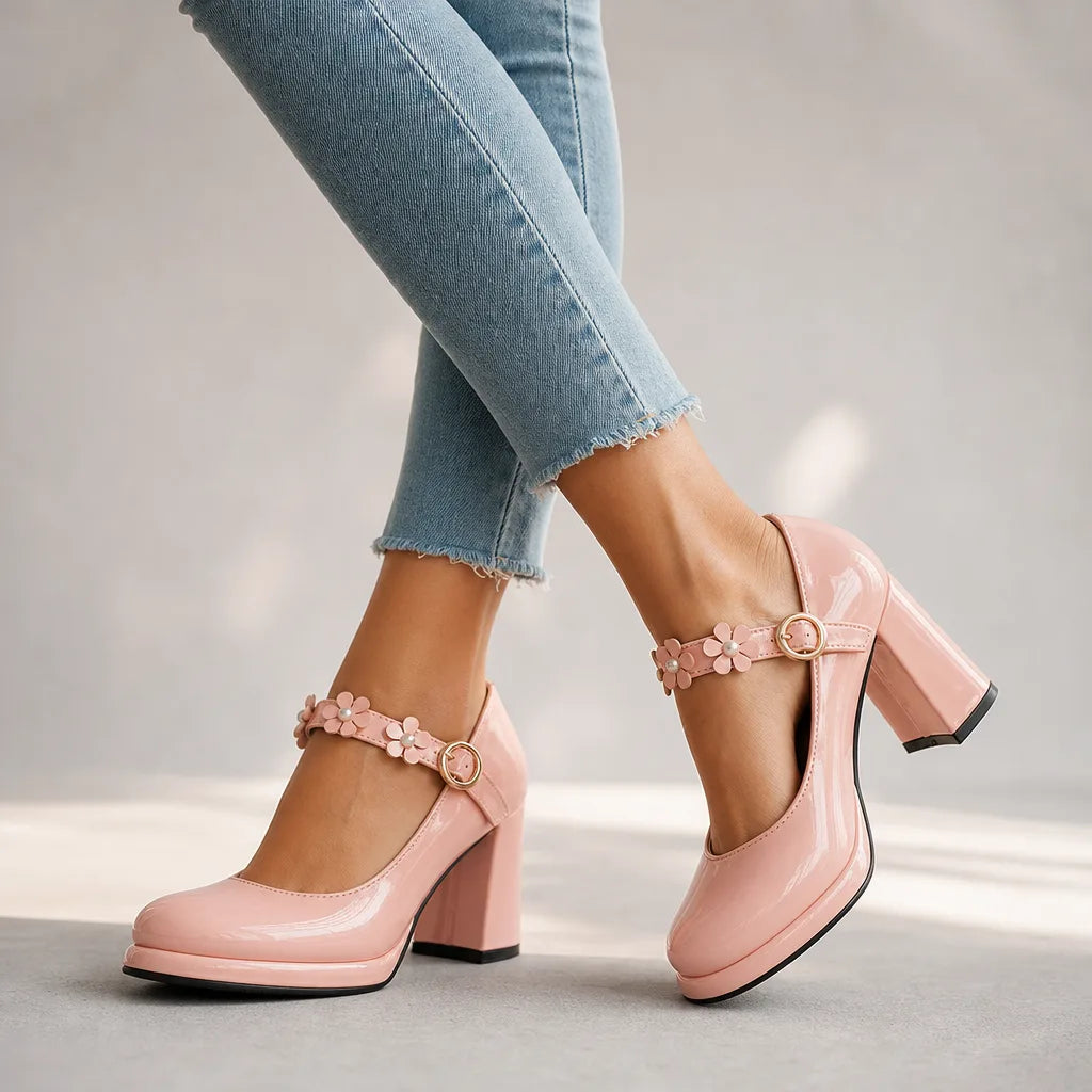Shelby | Women's Orthopedic Floral Mary Jane Heels - Color:Pink;Size:35