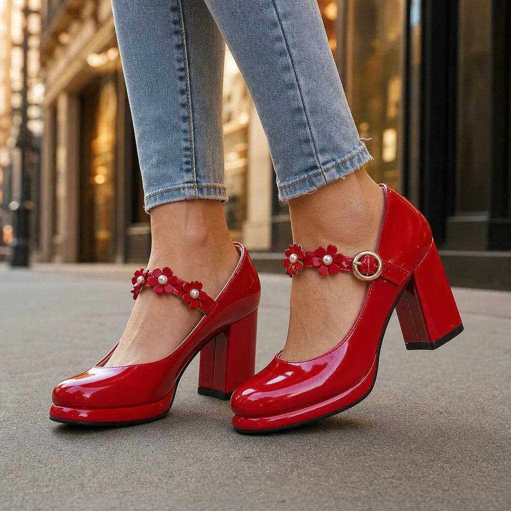Women's Red Claudia | Women's Orthopedic Floral Mary Jane Heels