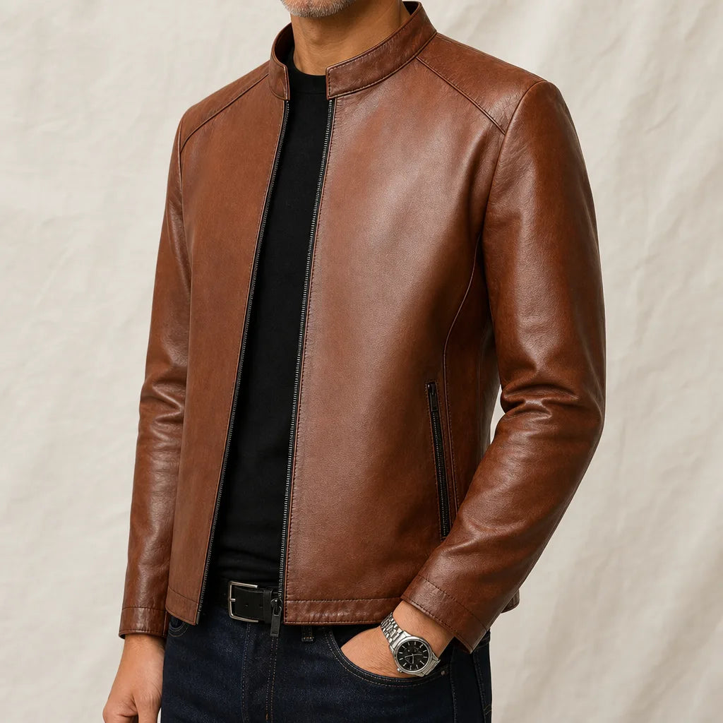 Men's Brown Susannah Stand Collar Leather Jacket