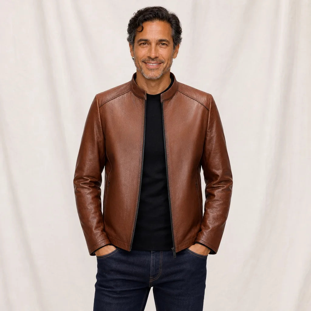 Men's Brown Susannah Stand Collar Leather Jacket
