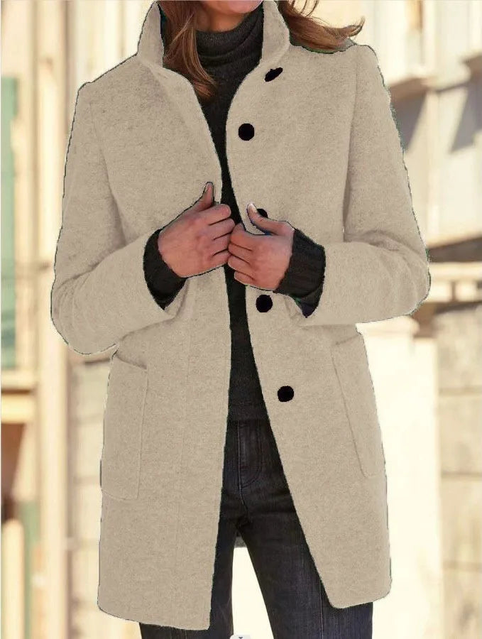 Sloane | Women's Buttoned Stand-Collar Wool-blend Coat - Size:XS;Color:Apricot