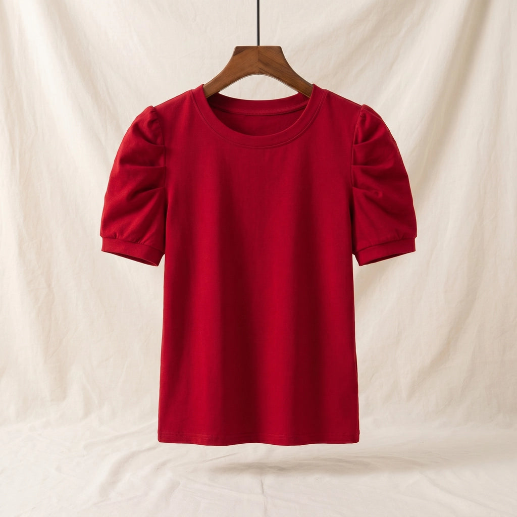 Sophia Puff-Sleeve T-Shirt - Color:Cherry Red;Size:S