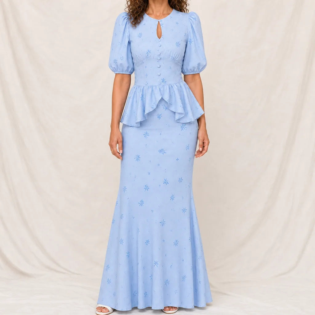 The Rosalind Floral Mermaid Dress - Color:Blue;Size:XS