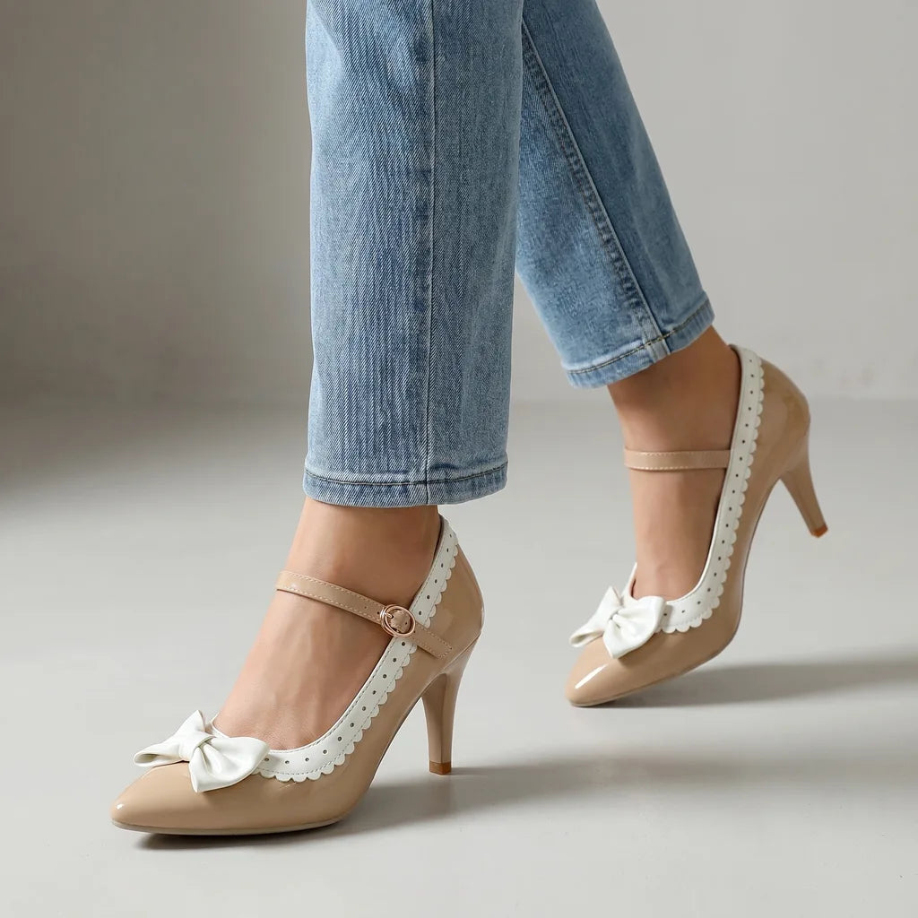 Tina Bow Strap Pumps - Color:Beige;Size:35