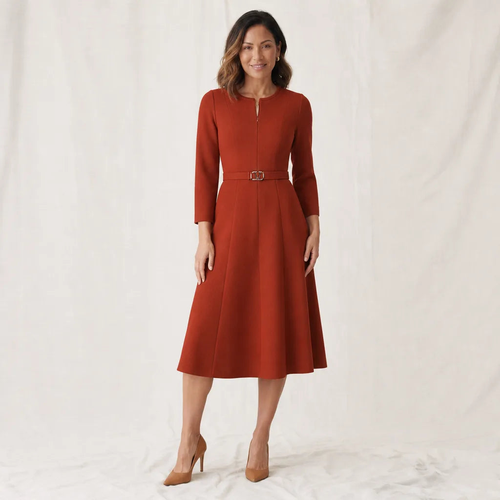 Trisha A-Line Midi Dress - Color:Orange;Size:XS