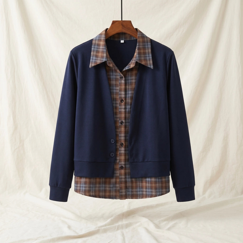 Valerie Checkered Layered Top - Color:Navy;Size:L