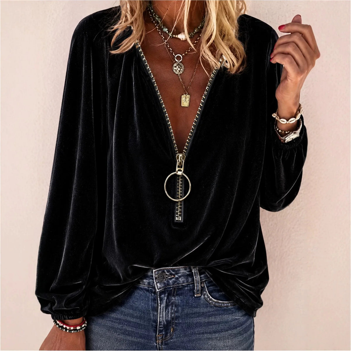 Victoria | Women's V Neck Velvet Blouse - Color:Black;Size:XS