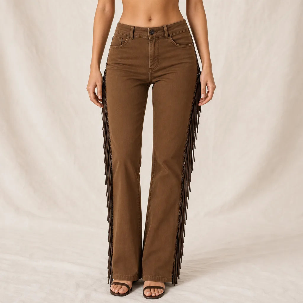 Viviana | Women's Fringe Flare Trousers - Color:Brown;Size:XS