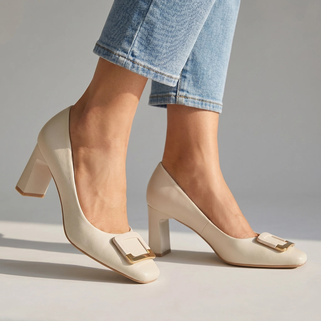 Cream 6cm Currier Buckle Block Heels 2