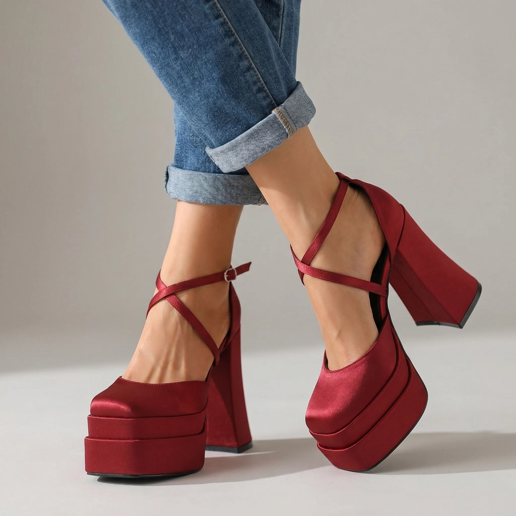 Wine red Pinkerton Platform Block Heels 1